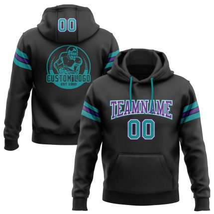 Custom Team Hoodie with Name & Number - Personalized Black Teal-Purple Football Pullover Sweatshirt Personalized Stitched