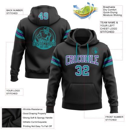 Custom Team Hoodie with Name & Number - Personalized Black Teal-Purple Football Pullover Sweatshirt Personalized Stitched