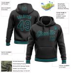 Custom Team Name and Number Personalized Black Teal Pullover Hoodie Sweatshirt Personalized Stitched Black Teal Sports Pullover