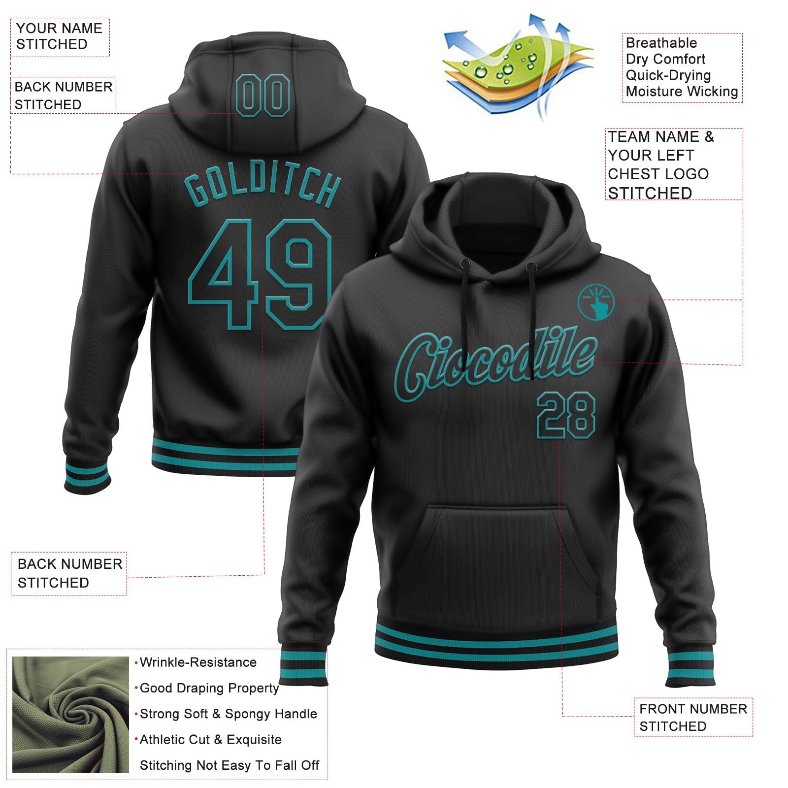 Personalized Stitched Black Teal Sports Pullover Sweatshirt Hoodie Team Custom Name and Number Custom Team Name and Number Personalized Black Teal Pullover Hoodie Sweatshirt Personalized Stitched Black Teal Sports Pullover - Image 3