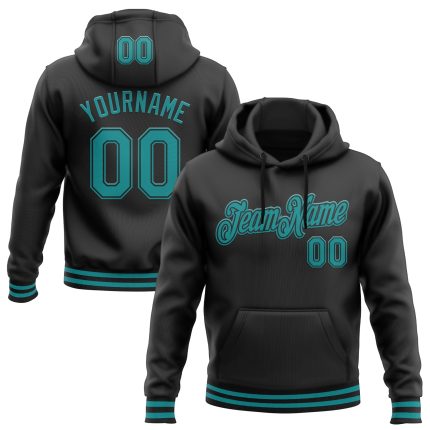 Custom Black Teal Sports Hoodie Sweatshirt - Personalized Stitched Pullover Personalized Stitched Black Teal Sports Pullover