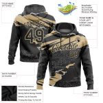 Custom Name Number Sports Hoodie Pullover Sweatshirt Torn Paper Style Black Vegas Gold 3D Pattern Design Personalized Stitched
