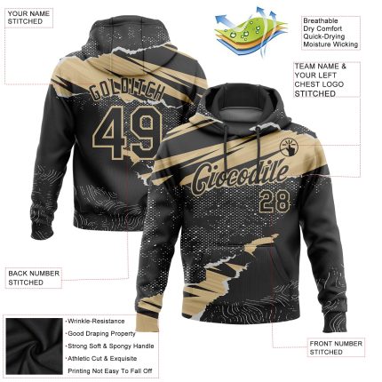 Custom Name Number Sports Hoodie Pullover Sweatshirt Torn Paper Style Black Vegas Gold 3D Pattern Design Personalized Stitched