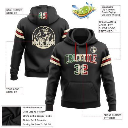 Custom Vintage Mexican Flag Football Hoodie Personalized Name Number Cream Red Pullover Sweatshirt Personalized Stitched