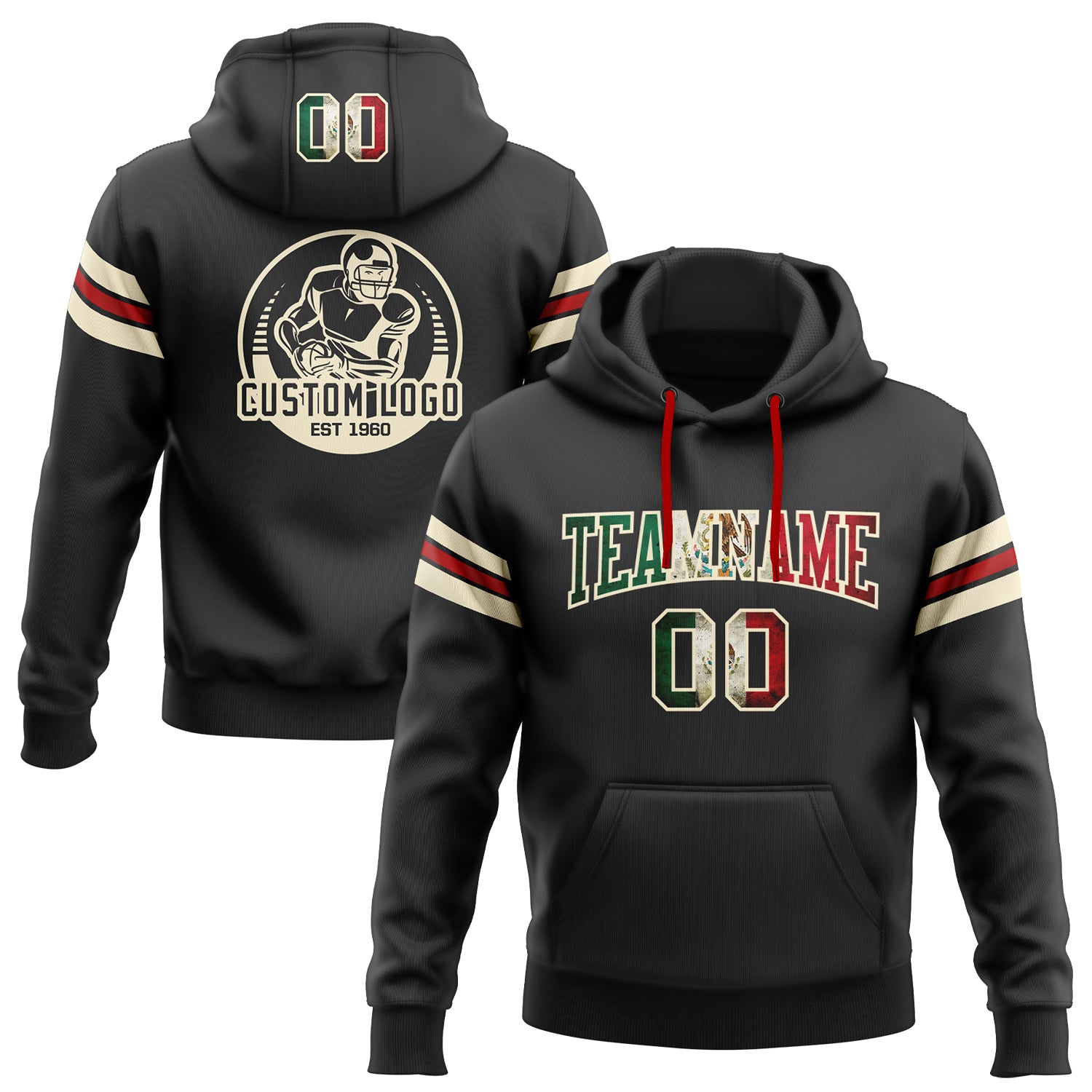 Custom Vintage Mexican Flag Football Hoodie Personalized Name Number Cream Red Pullover Sweatshirt Personalized Stitched