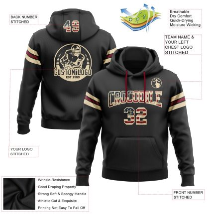 Personalized Vintage USA Flag Black Football Pullover Hoodie Custom Name & Number Cream-Crimson Sweatshirt Team Edition Personalized