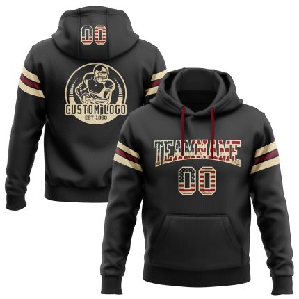 Personalized Vintage USA Flag Black Football Pullover Hoodie Custom Name & Number Cream-Crimson Sweatshirt Team Edition Personalized