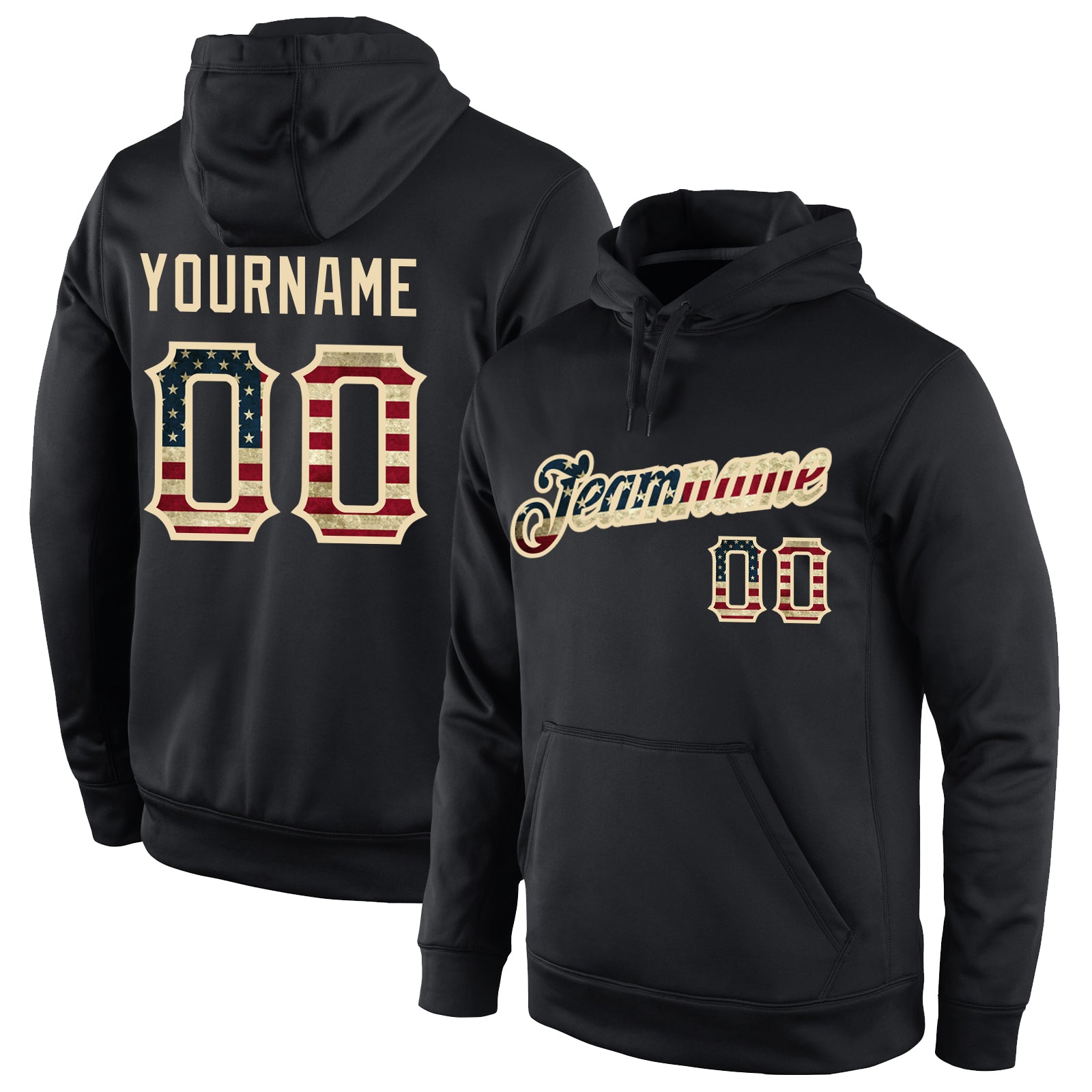 Custom Stitched Vintage USA Flag Sports Hoodie Sweatshirt - Personalized Cream Pullover with Team Name and Number Personalized