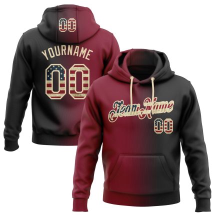 Custom Vintage USA Flag Hoodie Stitched Black Cream Gradient Sports Pullover with Team Name and Number Personalized Stitched