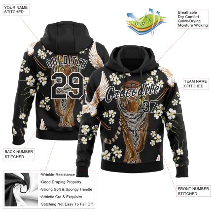Custom Name and Number Tiger and Crane 3D Pattern Sports Hoodie Sweatshirt Pullover - Personalized Stitched Design Personalized