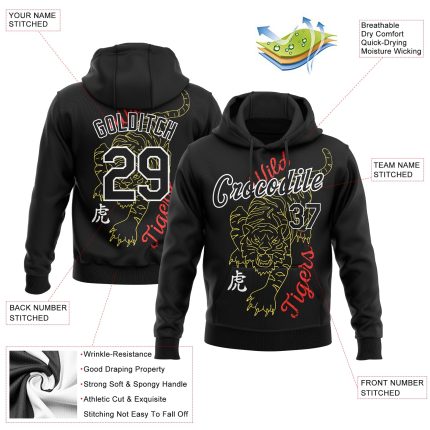 Custom Tiger Hoodie with Personalized Name & Number - Black White 3D Pattern Sports Pullover Sweatshirt Personalized Stitched