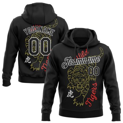 Custom Tiger Hoodie with Personalized Name & Number - Black White 3D Pattern Sports Pullover Sweatshirt Personalized Stitched