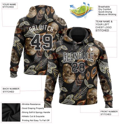 Custom 3D Skull Floral Hoodie with Personalized Name & Number - Black and White Pullover Sweatshirt for Sports Personalized