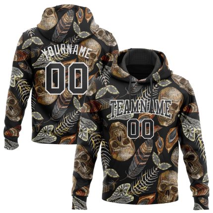 Custom 3D Skull Floral Hoodie with Personalized Name & Number - Black and White Pullover Sweatshirt for Sports Personalized