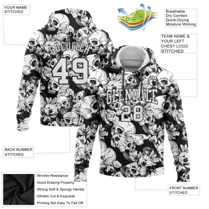 Custom 3D Skull Flower Sports Hoodie with Personalized Name and Number - Black White Pullover Sweatshirt Personalized Stitched
