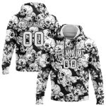 Custom 3D Skull Flower Sports Hoodie with Personalized Name and Number - Black White Pullover Sweatshirt Personalized Stitched