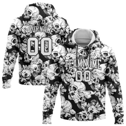 Custom 3D Skull Flower Sports Hoodie with Personalized Name and Number - Black White Pullover Sweatshirt Personalized Stitched
