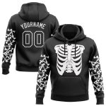 Custom 3D Skull Hoodie Pullover Sweatshirt for Sports | Personalized Black and White Team Name and Number Personalized Stitched