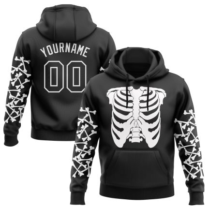 Custom 3D Skull Hoodie Pullover Sweatshirt for Sports | Personalized Black and White Team Name and Number Personalized Stitched
