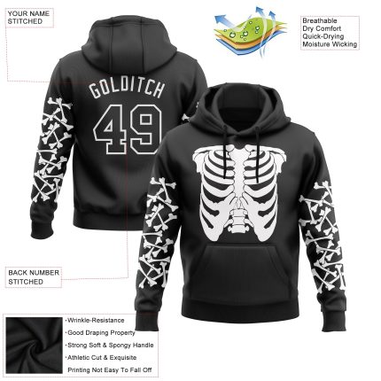 Custom 3D Skull Hoodie Pullover Sweatshirt for Sports | Personalized Black and White Team Name and Number Personalized Stitched