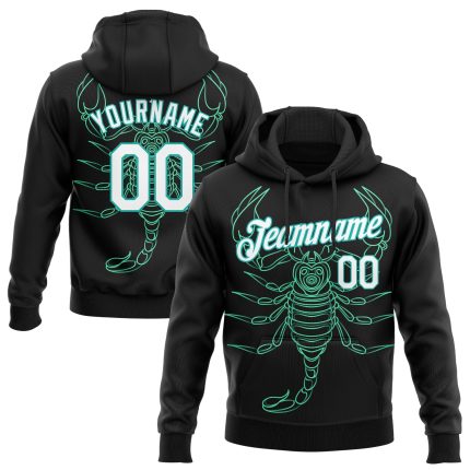 Custom Scorpio Sports Hoodie with 3D Black White-Aqua Design, Personalized Name & Number, Stitched Pullover Sweatshirt Personalized