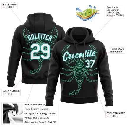 Custom Scorpio Sports Hoodie with 3D Black White-Aqua Design, Personalized Name & Number, Stitched Pullover Sweatshirt Personalized