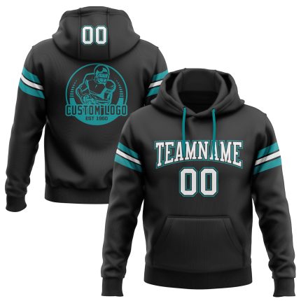 Custom Name Number Stitched Black White Aqua Football Hoodie Sweatshirt for Team - Personalized Pullover Personalized Stitched