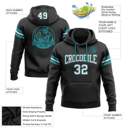 Custom Name Number Stitched Black White Aqua Football Hoodie Sweatshirt for Team - Personalized Pullover Personalized Stitched