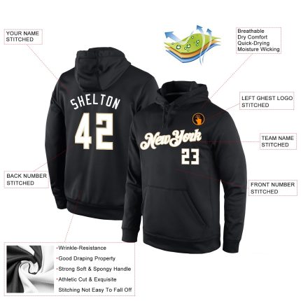 Personalized Custom Name and Number Sports Hoodie Black White-Cream Stitched Pullover Sweatshirt Personalized Stitched Black