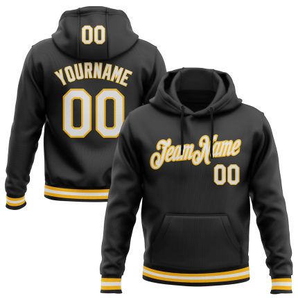 Personalized Black White Gold Sports Hoodie Sweatshirt Pullover - Custom Stitched Design Personalized Stitched Black White-Gold