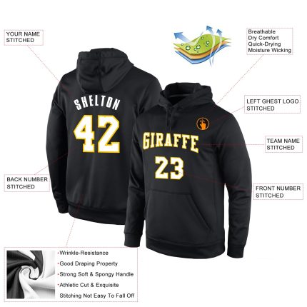 Custom Name Number Black White Gold Sports Hoodie Sweatshirt Personalized Pullover Team Apparel Personalized Stitched Black