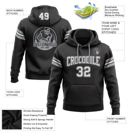 Custom Black White-Gray Football Hoodie with Personalized Name & Number - Stitched Pullover Sweatshirt Personalized Stitched