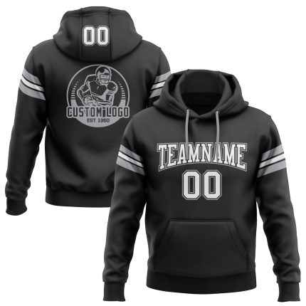 Custom Black White-Gray Football Hoodie with Personalized Name & Number - Stitched Pullover Sweatshirt Personalized Stitched