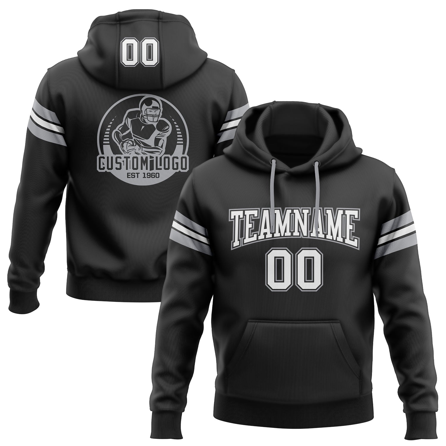 Custom Black White-Gray Football Hoodie with Personalized Name & Number - Stitched Pullover Sweatshirt Personalized Stitched