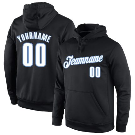 Custom Name and Number Sports Hoodie Pullover Sweatshirt - Personalized Black, White, Light Blue Design Personalized Stitched