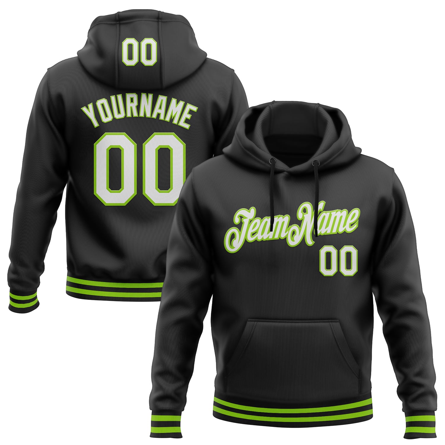 Custom Neon Green Sports Hoodie with Personalized Name & Number - Black & White Stitched Pullover Sweatshirt Personalized