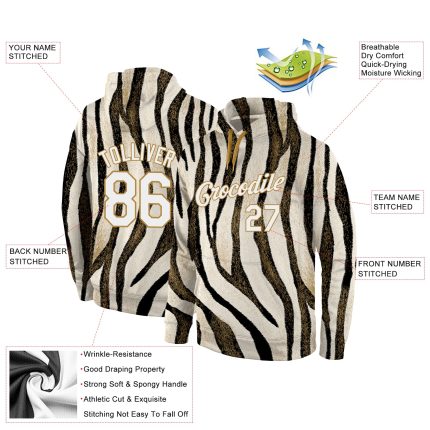 Custom Leopard Sports Hoodie with Personalized Name & Number - Black White Gold 3D Pattern Pullover Sweatshirt Personalized
