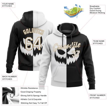 Custom Halloween Pumpkin Hoodie with Personalized Name & Number, 3D Scary Faces Sweatshirt, Black White-Old Gold, Team Salute to Service