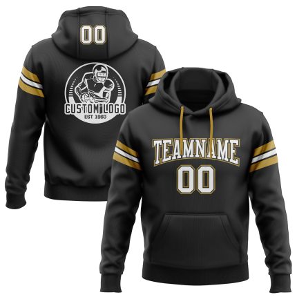Customizable Football Hoodie with Name & Number - Personalized Stitched Black White Old Gold Pullover Sweatshirt Personalized