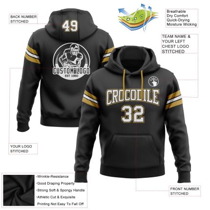 Customizable Football Hoodie with Name & Number - Personalized Stitched Black White Old Gold Pullover Sweatshirt Personalized