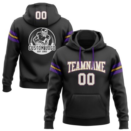 Custom Team Football Hoodie Personalized Stitched Black White Old Gold-Purple Pullover Sweatshirt with Name and Number Personalized