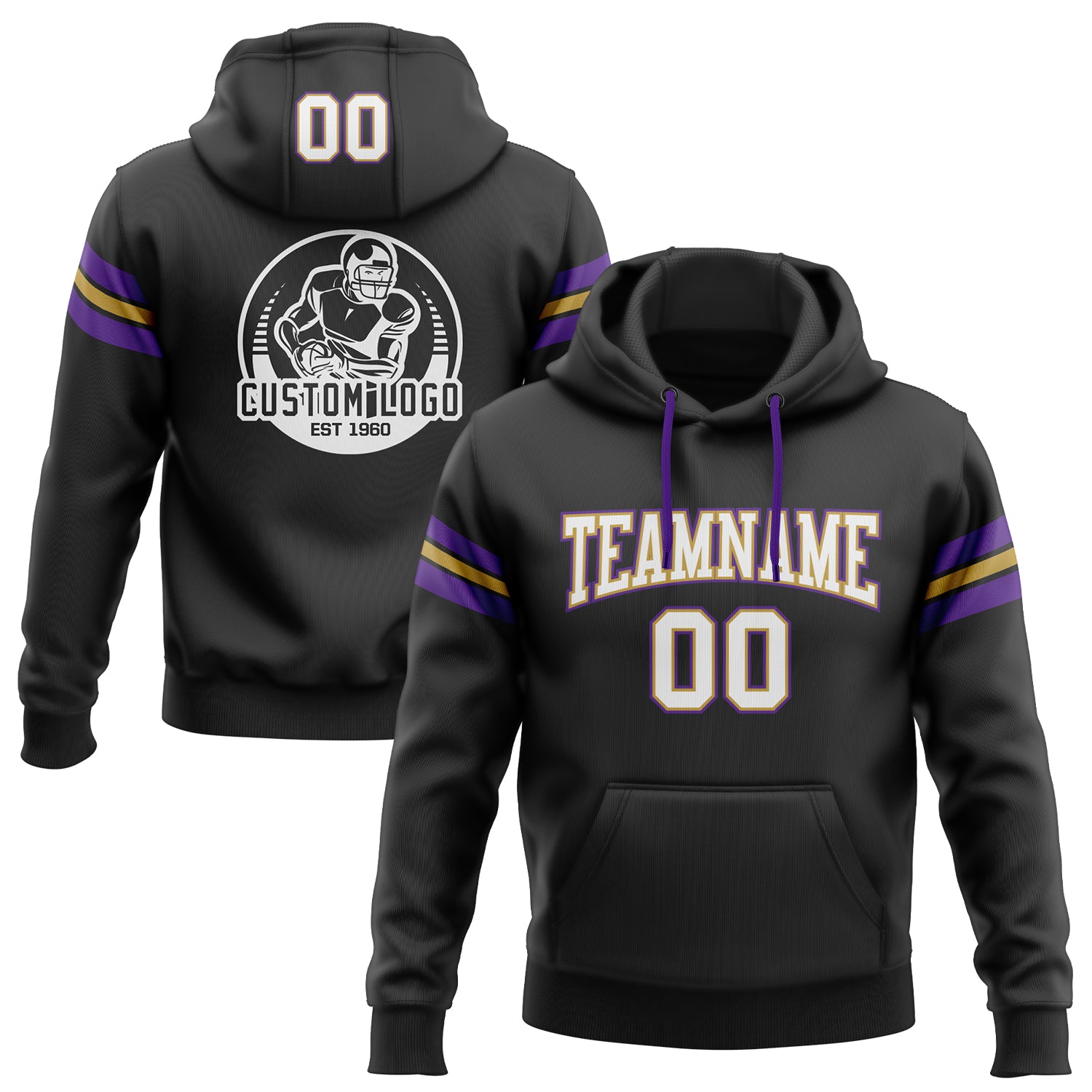 Custom Team Football Hoodie Personalized Stitched Black White Old Gold-Purple Pullover Sweatshirt with Name and Number Personalized