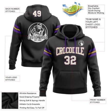 Custom Team Football Hoodie Personalized Stitched Black White Old Gold-Purple Pullover Sweatshirt with Name and Number Personalized