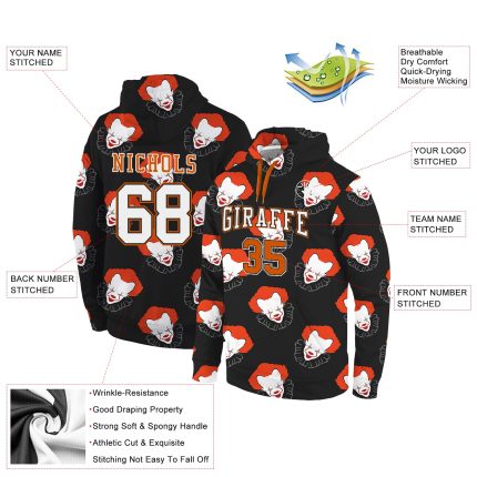 Custom Name and Number Clown Sports Hoodie with 3D Black White-Orange Pattern - Personalized Pullover Sweatshirt Personalized