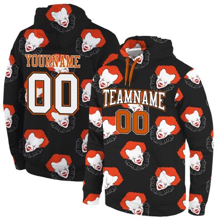 Custom Name and Number Clown Sports Hoodie with 3D Black White-Orange Pattern - Personalized Pullover Sweatshirt Personalized