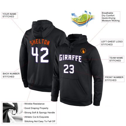 Personalized Black White-Orange Sports Hoodie Pullover Sweatshirt for Men and Women Personalized Stitched Black White-Orange