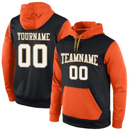 Custom Sports Pullover Hoodie with Stitched Name & Number - Black White Orange Sweatshirt for Teams Personalized Stitched