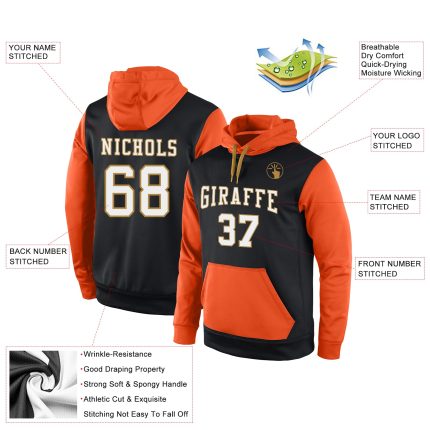 Custom Sports Pullover Hoodie with Stitched Name & Number - Black White Orange Sweatshirt for Teams Personalized Stitched