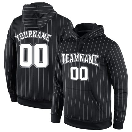 Custom Name and Number Sports Pullover Hoodie, Black White Gray Stitched Pinstripe Sweatshirt Personalized Stitched Black