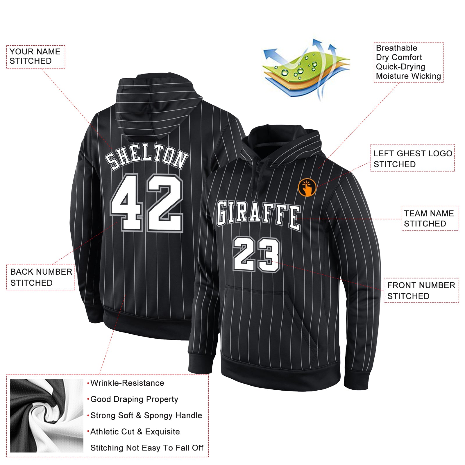 Personalized Stitched Black White Pinstripe White-Gray Sports Pullover Sweatshirt Hoodie Team Custom Name and Number Custom Name and Number Sports Pullover Hoodie, Black White Gray Stitched Pinstripe Sweatshirt Personalized Stitched Black - Image 2